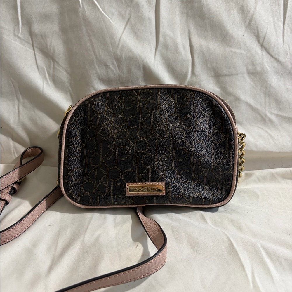 Calvin Klein Monogram Crossbody Bag in Dark Brown and Pink